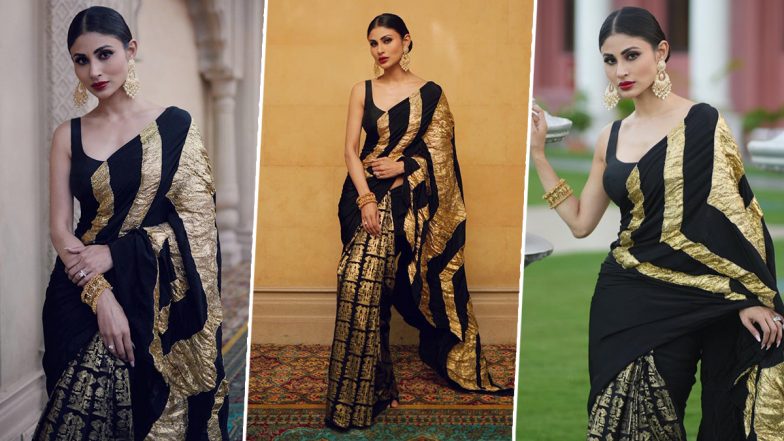 Mouni Roy Serves Glam in Black and Golden Saree, View Pics of Bengali Actress Oozing Elegance During Brahmastra Promotions