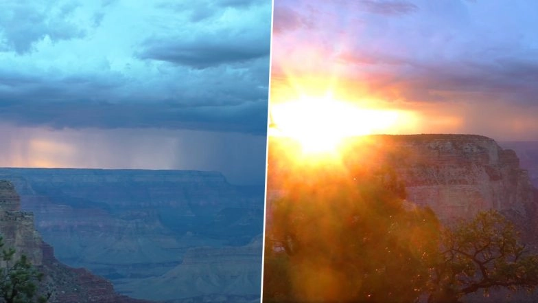 Thunderstorm Sweeps Over Landscapes of Grand Canyon in the US! Enthralling View of Dramatic Lightning and Sunset in Viral Video Stuns Netizens