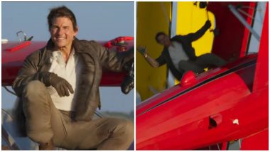 Mission Impossible - Dead Reckoning Part One: Tom Cruise Hangs By Side of Bipedal Plane Mid-Air and Samples Us His Next Dangerous Stunt in Upcoming Film (Watch Video)