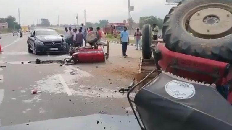 Video: Tractor Breaks Into Two Parts After Collision With Mercedes Benz in Andhra Pradesh's Tirupati