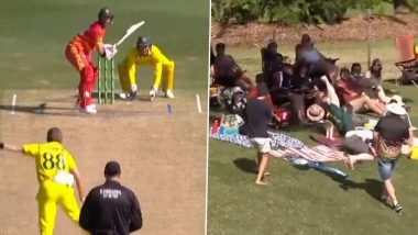 Fan at Riverway Stadium Takes One-Handed Catch of Ryan Burl’s Six During Australia vs Zimbabwe 3rd ODI (Watch Video)