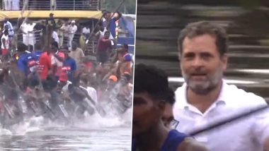 Bharat Jodo Yatra: Rahul Gandhi Participates in Snake Boat Race Exhibition in Kerala’s Punnamada Lake (Watch Video)