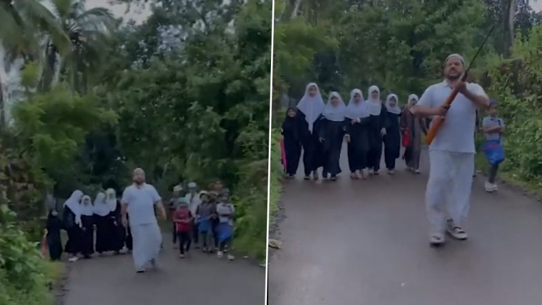 Stray Dog Menace: Father Carrying Air Gun Escorts Children to School Amid Rising Incidents of Attacks by Dogs in Kerala (Video)