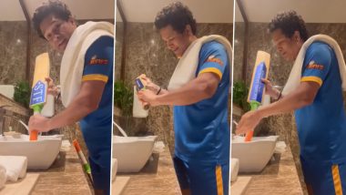 Sachin Tendulkar Talks About His ‘Combo of a Lifetime’ As He Cleans His Bat Handle While Listening to Music (Watch Video)