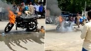 Video: Furious Over Being Fined for Riding Without Helmet and With Two Pillion Riders, Man Sets Bike on Fire in Front of Traffic Cops