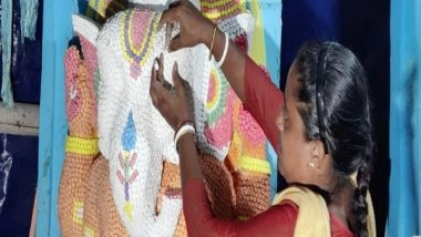 India News | West Bengal Artists Come Up with Innovative Ideas for Durga Puja, Create Idol with Crores of Chalk Pencils