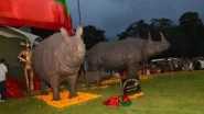 India News | Assam: 3 Rhino Statues Made from Burnt Horns Stand Tall at Kaziranga