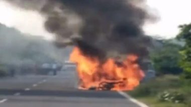 Aligarh Road Accident: Scorpio Car and Bike Go Up in Flames After Collision at Kasganj Road (Watch Video)