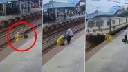 Video: Woman Crossing Railway Line Saved By RPF Personnel From Getting Crushed Under Wheels of Speeding Train in UP&rsquo;s Firozabad