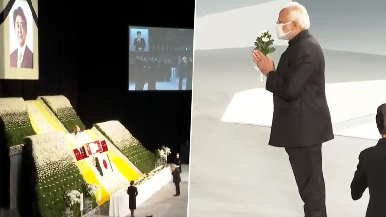 Video: PM Narendra Modi Pays Tribute to Former Japanese Premier Shinzo Abe At His State Funeral in Tokyo