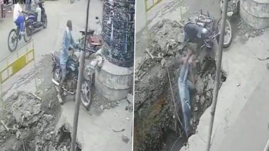 Video: Man Falls Into an Open Pit in Chennai While Trying To Relocate His Bike, Suffers Injuries To Head and Thigh