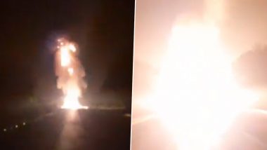 Andhra Pradesh: Fire Breaks Out in Lorry Carrying LPG Cylinders in Prakasam, Watch Video