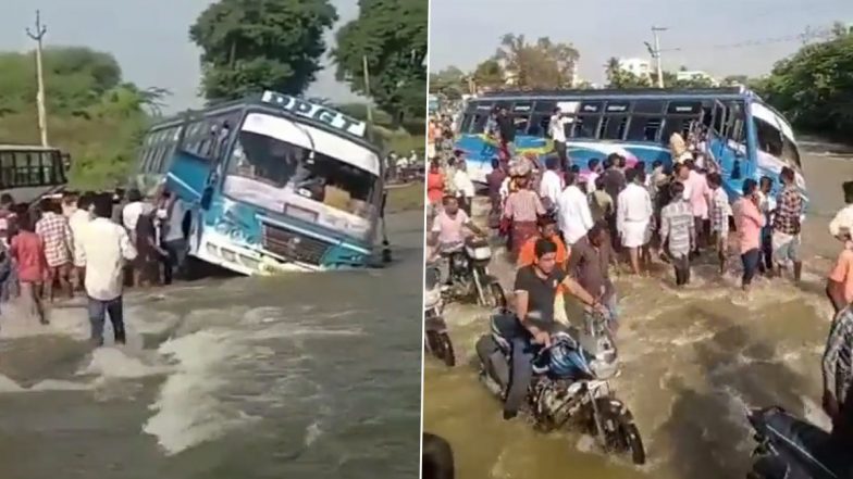 Andhra Pradesh: Private Bus Gets Stranded in Waterlogged Road in Sri Satya Sai District, Locals Rescue Passengers; Watch Video