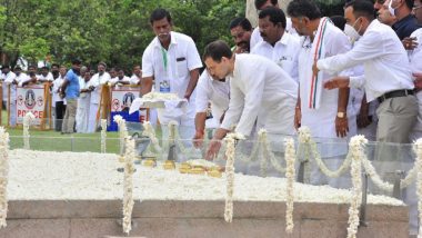 Congress Leader Rahul Gandhi Pays Tribute to Father Rajiv Gandhi Ahead of ‘Bharat Jodo Yatra’ in Tamil Nadu (Watch Video)