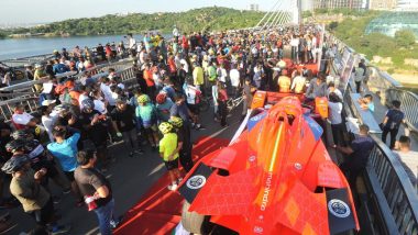 Formula E Car Unveiled at Durgam Cheruvu Cable-Stayed Bridge in Hyderabad