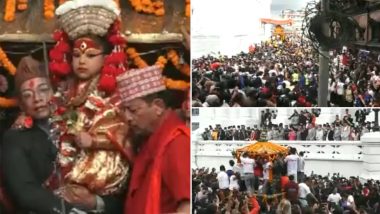 Indra Jatra 2022: Huge Crowd Gathers at Premises of Basantapur Durbar Square in Kathmandu on Occasion of Nepali Festival (Watch Video)