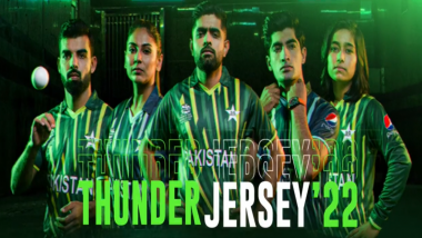 Pakistan Cricket Team New Jersey for T20 World Cup 2022 Unveiled, Babar Azam & Other Players Pose in ‘Thunder Jersey’ (View Pics & Video)