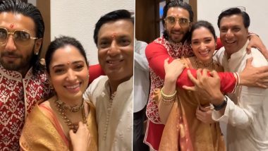 Ranveer Singh Hugs 'Babli Bouncer' Tamannaah Bhatia As They Attend Ganpati Puja at Maharashtra CM Eknath Shinde's Residence (Watch Video)