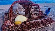 PM Narendra Modi Birthday: Odisha Artist Sudarshan Pattnaik Creates Sand Art of Prime Minister With 1,213 Mud Tea Cups at Puri Beach (Watch Video)