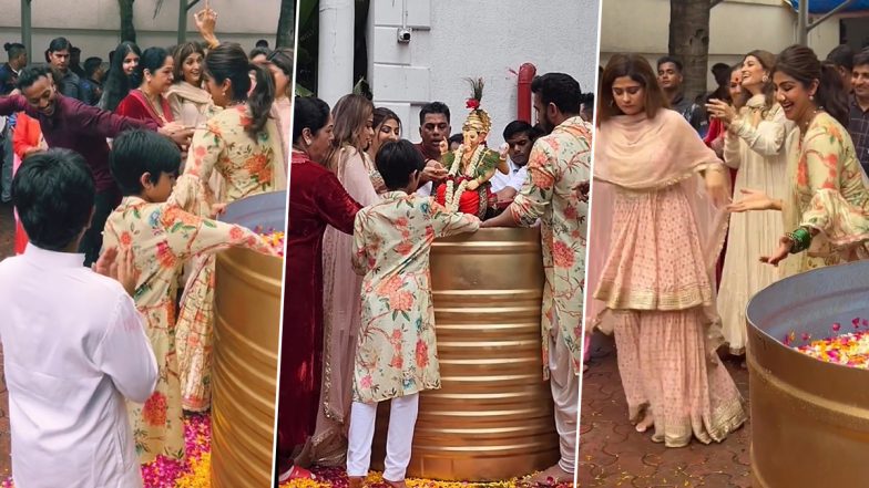 Ganpati Visarjan 2022: An Injured Shilpa Shetty Dances With Sister Shamita Shetty As They Bid Bappa Goodbye (Watch Video)