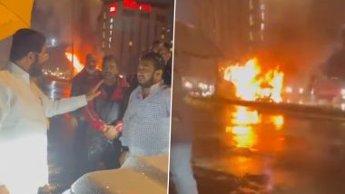Video: Maharashtra CM Eknath Shinde on His Way Home From Airport, Stops at Vile Parle After Seeing a Car on Fire; Directs Officials To Help