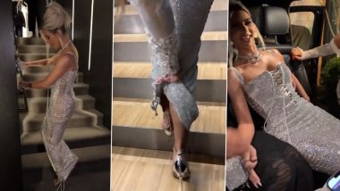 Kim Kardashian Struggles To Walk in Super-Tight Glittery Silver Dress; Video Goes Viral – Watch