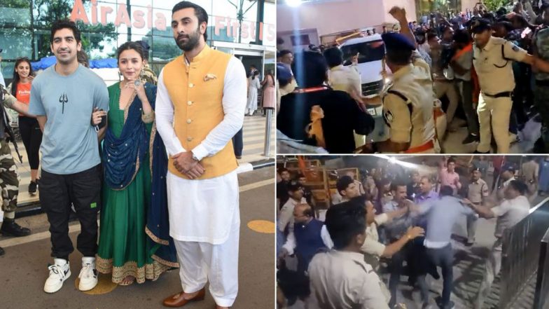 Brahmastra: Ranbir Kapoor, Alia Bhatt and Ayan Mukerji's Visit to Ujjain's Mahakaleshwar Temple Sees Protest From Bajrang Dal Members With Black Flags (Watch Videos)