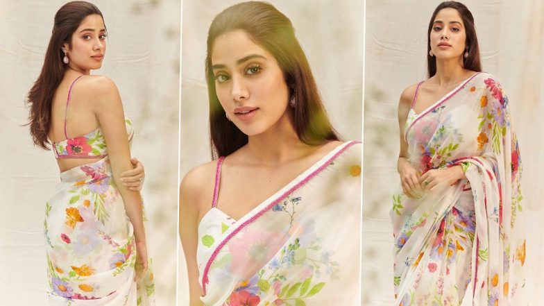 Janhvi Kapoor Is a Vision in White Floral Chiffon Saree; View Pics of Bawaal Actress