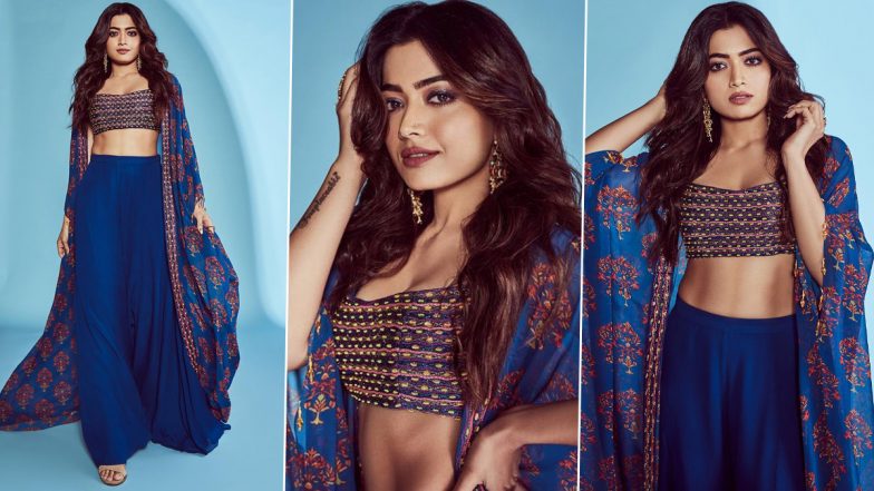 Rashmika Mandanna Flaunts Her Abs and Sass in a Classy Blue and Red Lehenga (View Pics)