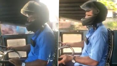 PFI Kerala Bandh Protest: KSRTC Bus Driver Wears Helmet To Save Himself From Stone Pelting in Aluva (Watch Video)
