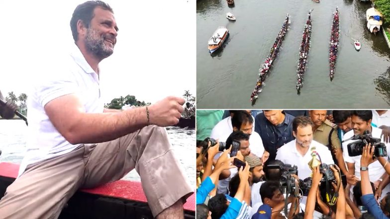 Video: Rahul Gandhi Turns Oarsman As He Rows Energetically With Other Participants in Snake Boat Race in Kerala