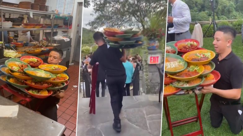 WATCH: Waiter Lifts Over a Dozen Plates Stacked Up on Tray To Serve Customers in Viral Video; Internet Is Stumped by His Performance!