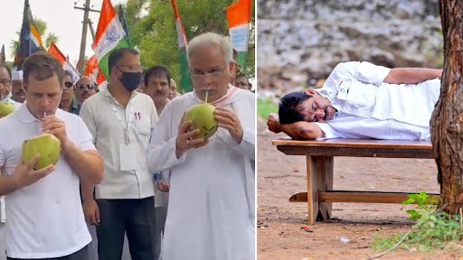 Bharat Jodo Yatra: Video of Rahul Gandhi Drinking Coconut Water, Image of KC Venugopal Taking Rest on Bench Goes Viral