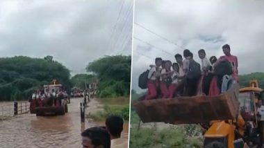 Video: School Children Cross Submerged Bridge on JCB in Guledagudda Town of Bagalkote District
