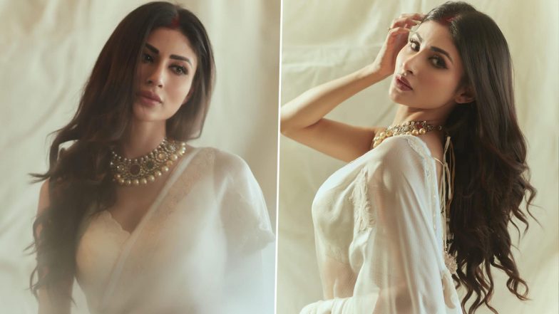 Mouni Roy Redefines Beauty in Sheer White Saree and Statement Jewellery; View Pics of Brahmastra Actress