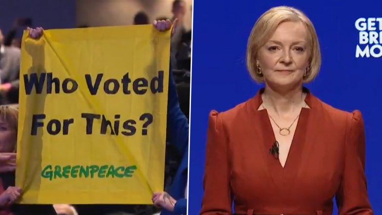 Video: Liz Truss Interrupted by Greenpeace Protesters During Her First Conservative Party Conference Speech as UK Prime Minister; Says 'Let's Get Them Removed'