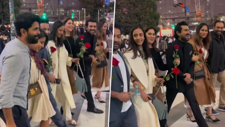 RRR in Japan: Ram Charan – Upasana Kamineni Konidela, Jr NTR – Lakshmi Pranathi Are All Smiles as They Walk Hand in Hand at Shibuya Crossing (Watch Video)