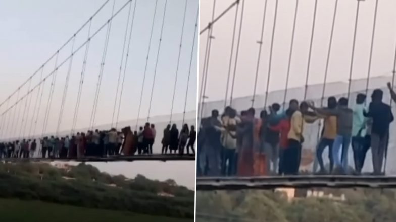 Morbi Suspension Bridge Collapse: Video Shows People Swaying Newly Repaired Bridge a Day Before Tragedy That Claimed 100s of Lives