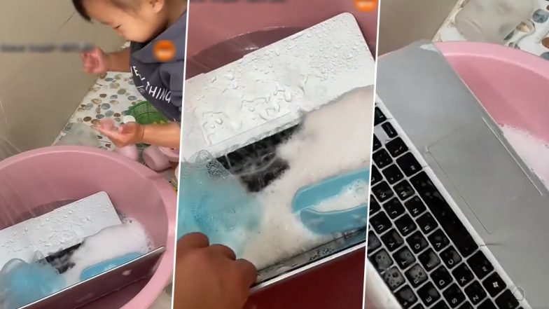 2-Year-Old 'Gopi Bahu' Washes MacBook With Soap and Water! Watch Viral Video of Toddler Cleaning Father's Laptop After Hearing Him Complain About 'Junk'