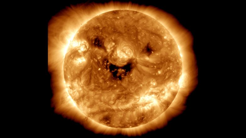 Creepy 'Smiling' Sun! NASA Satellite Captures Photo of The Giant Fire Ball Pulling a Scary Smiley Face After Solar Eclipse; See Viral Pic