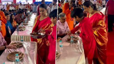 Kajol’s Son Yug Devgn Serving Food at Durga Puja Pandal Is the Most Adorable Video You Will See Today! (Watch Video)