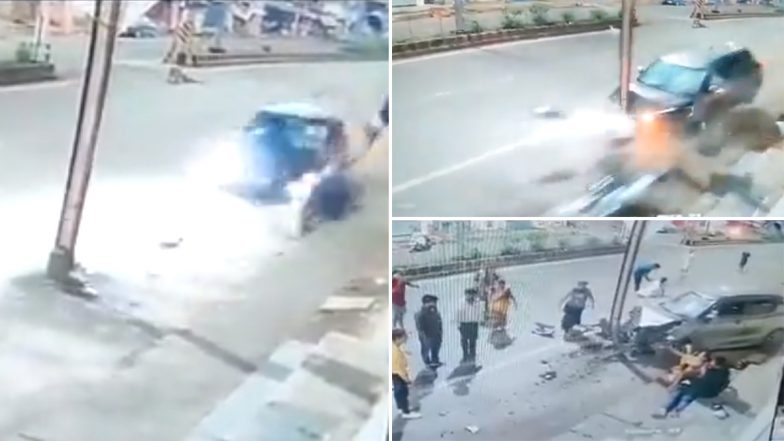 Video: Speeding Car Hits Youth, Rams Into Pole in MP’s Jabalpur; Deadly Road Accident Caught on CCTV