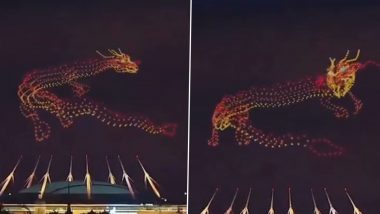 1000 Drones Create Terrifying Dragon Above a Stadium During Geoscan Show; Breath-Taking Visual of Giant Creature Flying Through Air Goes Viral