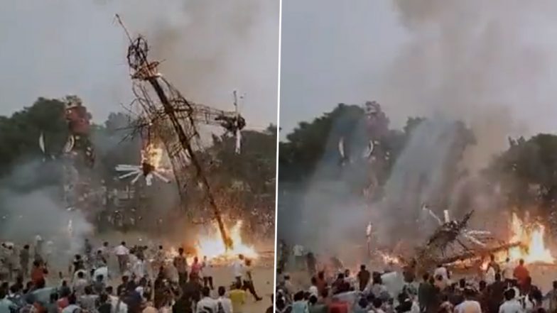 Video: Major Accident Averted During Ravan Dahan in Haryana’s Yamunanagar After Burning Effigy Falls on People Gathered