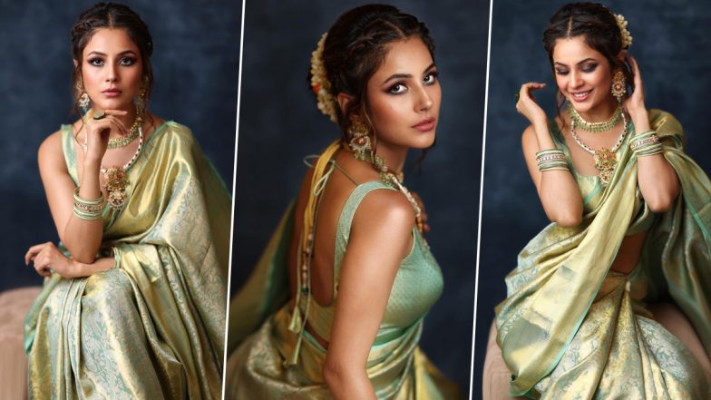 Shehnaaz Gill Looked Stunning in a Classic Kanjivaram Saree As She Attended the Filmfare Awards South 2022