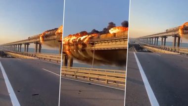 Crimea Bridge Fire: Massive Blaze Reported on Key Bridge Linking Russia to Crimean Peninsula After Fuel Storage Tank Explosion (Watch Videos)