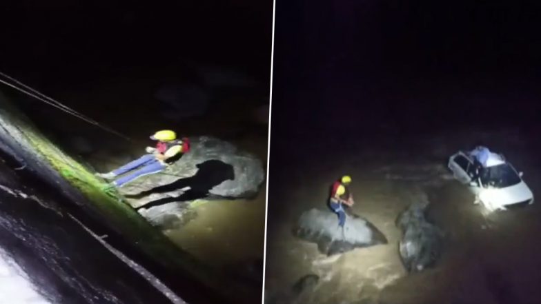 Video: SDRF Conducts Late-Night Operation, Rescues Man Stuck in Raging River Near Sri Yantra Tapoo After His Car Fell Into It