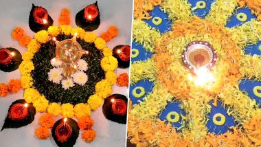 5-Minute Diwali 2022 Rangoli Designs With Flowers: Easy and Quick Tutorials to Make Beautiful Rangoli Patterns For Shubh Deepavali (Watch Videos)