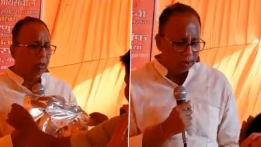 Video: Drunk Man Climbs Stage During BJP Event in Bihar's Bettiah, Touches State President Sanjay Jaiswal’s Feet
