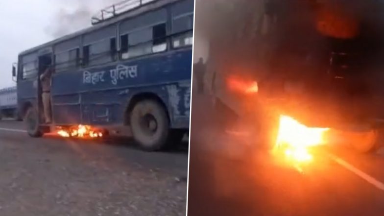 Disturbing Video: Man Burnt Alive After Bus Carrying Bihar Policemen Runs Over Three, Horrifying Visuals Show Victim in Flames